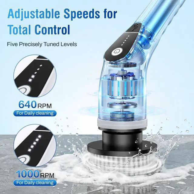 Alt view image 3 of 7 - Electric Spin Scrubber, Cordless Cleaning Brush with 8 Replaceable Heads, Five-Speed Power Scrubber with Adjustable Handle for Bathroom, Tub, Floor, Tile & Car Clean Without Bending