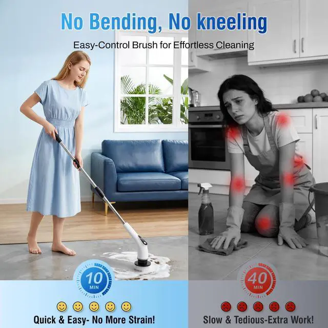 Alt view image 2 of 7 - Electric Spin Scrubber, Cordless Cleaning Brush with 8 Replaceable Heads, Five-Speed Power Scrubber with Adjustable Handle for Bathroom, Tub, Floor, Tile & Car Clean Without Bending