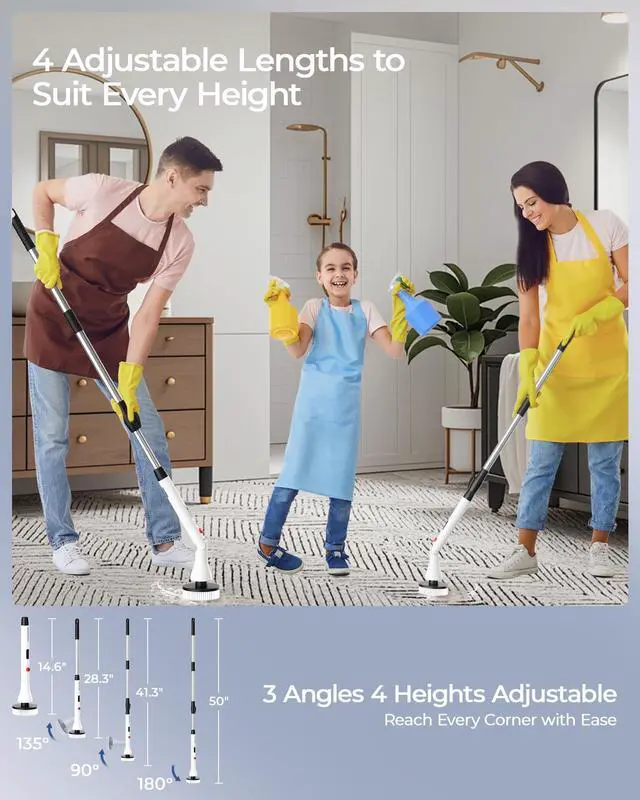 Alt view image 2 of 7 - Electric Spin Scrubber with 9 Brush Heads, 3-Angle & 4-Length Adjustable Cordless Power Scrubber, 3-Speed & Battery LED Display, Electric Scrubber for Cleaning Bathroom Bathtub Floor Tiles