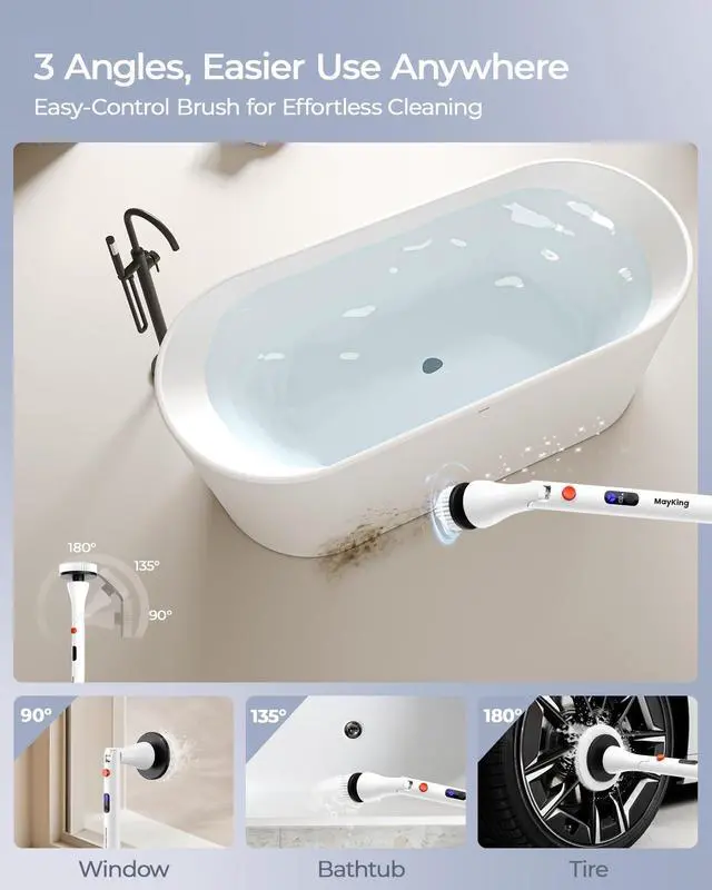 Alt view image 4 of 7 - Electric Spin Scrubber with 9 Brush Heads, 3-Angle & 4-Length Adjustable Cordless Power Scrubber, 3-Speed & Battery LED Display, Electric Scrubber for Cleaning Bathroom Bathtub Floor Tiles