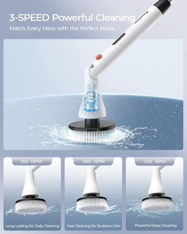 Alt view image 6 of 7 - Electric Spin Scrubber with 9 Brush Heads, 3-Angle & 4-Length Adjustable Cordless Power Scrubber, 3-Speed & Battery LED Display, Electric Scrubber for Cleaning Bathroom Bathtub Floor Tiles