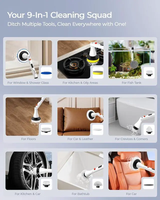 Alt view image 5 of 7 - Electric Spin Scrubber with 9 Brush Heads, 3-Angle & 4-Length Adjustable Cordless Power Scrubber, 3-Speed & Battery LED Display, Electric Scrubber for Cleaning Bathroom Bathtub Floor Tiles