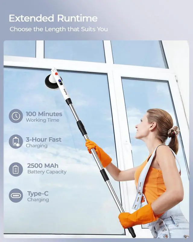 Alt view image 7 of 7 - Electric Spin Scrubber with 9 Brush Heads, 3-Angle & 4-Length Adjustable Cordless Power Scrubber, 3-Speed & Battery LED Display, Electric Scrubber for Cleaning Bathroom Bathtub Floor Tiles