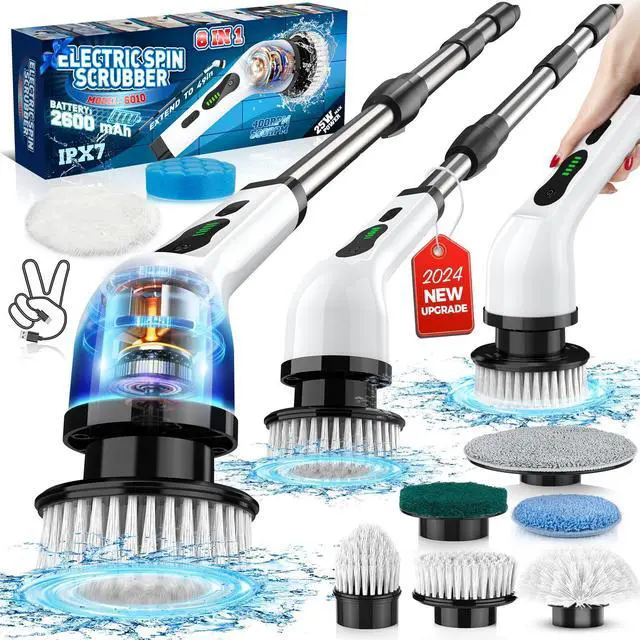 Main image of Electric Spin Scrubber, IPX7 Waterproof Cordless Cleaning Brush with 8 Replaceable Heads, Dual Speed & USB-C Charging, Retractable Handle Power Scrubber for Bathtub, Tile, Bathroom