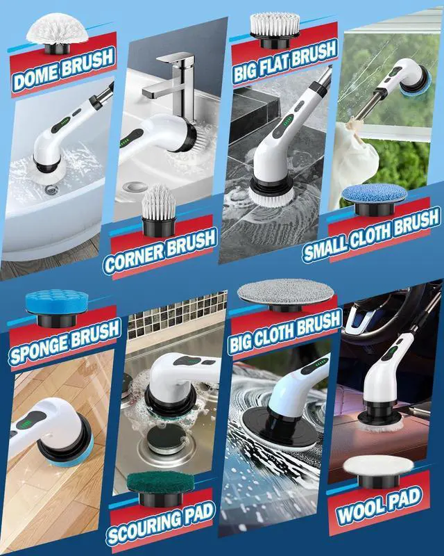 Alt view image 2 of 7 - Electric Spin Scrubber, IPX7 Cordless Power Cleaning Brush, Dual Speed Electric Shower Scrubber with 8 Brush Heads, USB-C Charging and Retractable Handle for Tile & Bathtub
