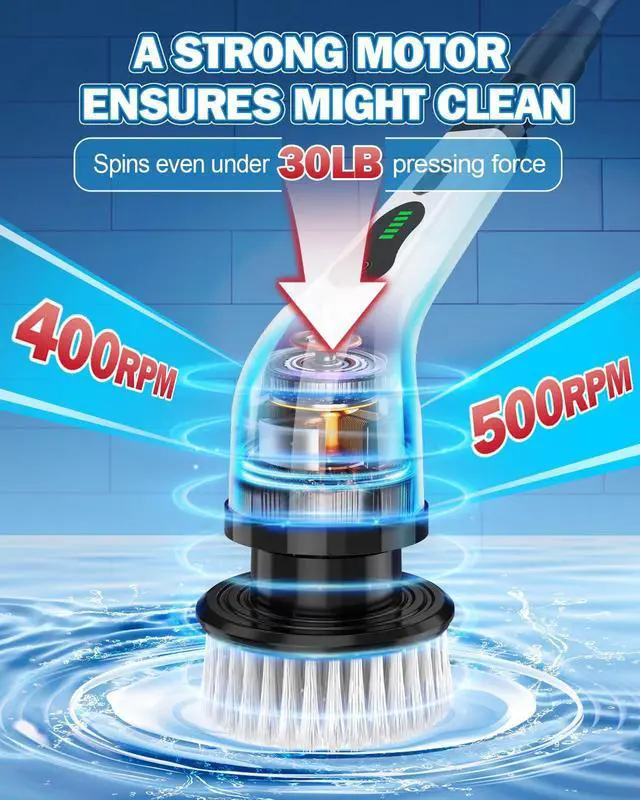 Alt view image 3 of 7 - Electric Spin Scrubber, IPX7 Cordless Power Cleaning Brush, Dual Speed Electric Shower Scrubber with 8 Brush Heads, USB-C Charging and Retractable Handle for Tile & Bathtub