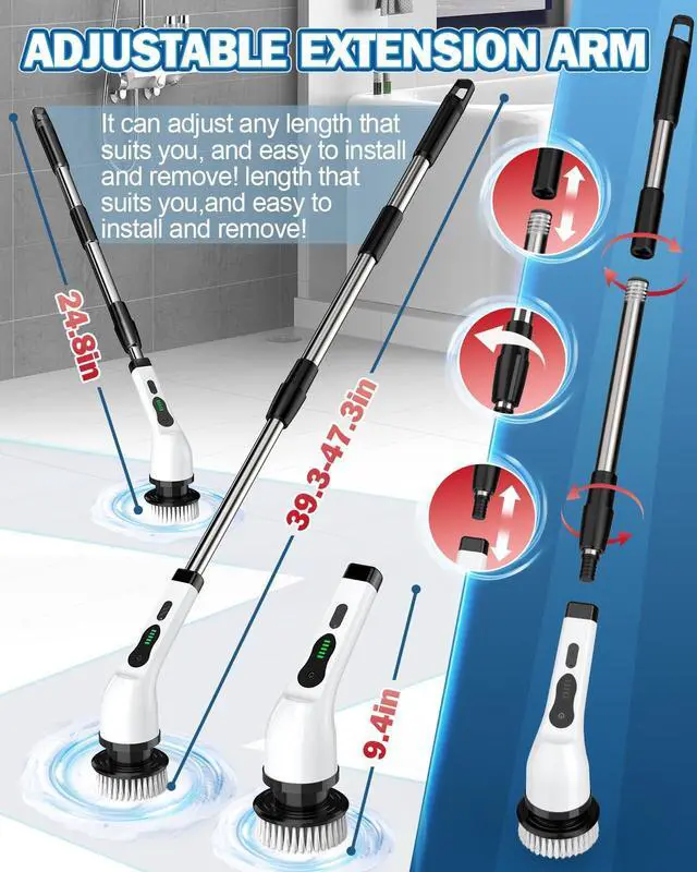 Alt view image 4 of 7 - Electric Spin Scrubber, IPX7 Cordless Power Cleaning Brush, Dual Speed Electric Shower Scrubber with 8 Brush Heads, USB-C Charging and Retractable Handle for Tile & Bathtub