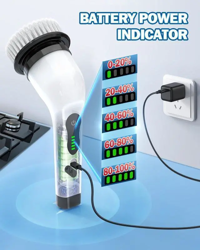 Alt view image 6 of 7 - Electric Spin Scrubber, IPX7 Cordless Power Cleaning Brush, Dual Speed Electric Shower Scrubber with 8 Brush Heads, USB-C Charging and Retractable Handle for Tile & Bathtub