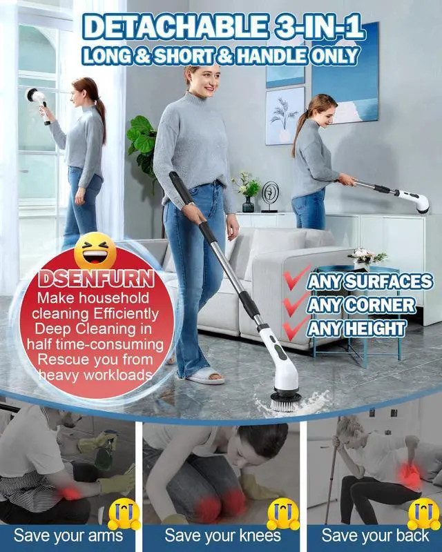 Alt view image 5 of 7 - Electric Spin Scrubber, IPX7 Cordless Power Cleaning Brush, Dual Speed Electric Shower Scrubber with 8 Brush Heads, USB-C Charging and Retractable Handle for Tile & Bathtub
