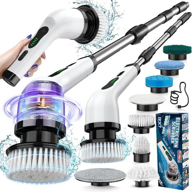 Main image of Electric Spin Scrubber, IPX7 Cordless Power Cleaning Brush, Dual Speed Electric Shower Scrubber with 8 Brush Heads, USB-C Charging and Retractable Handle for Tile & Bathtub