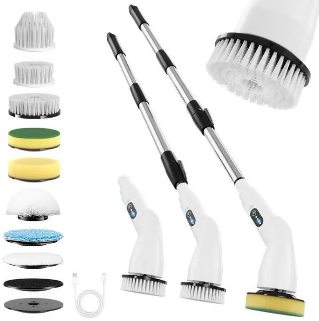 Main image of Electric Spin Scrubber - Household Cleaning Brush with 8 Heads, 51.2in Extendable Pole Bathroom Scrubber for Stubborn Grease on Grill, Stovetop & Bathtub, 90Min Runtime - Type B