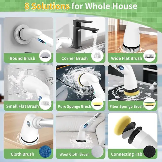 Alt view image 7 of 7 - Electric Spin Scrubber - Household Cleaning Brush with 8 Heads, 51.2in Extendable Pole Bathroom Scrubber for Stubborn Grease on Grill, Stovetop & Bathtub, 90Min Runtime - Type B