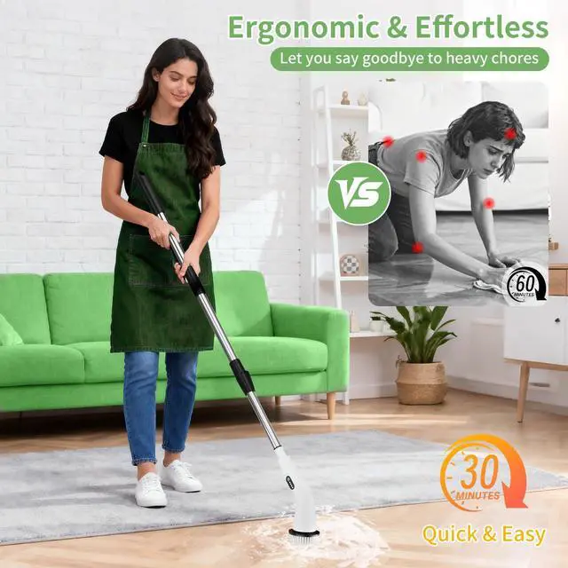 Alt view image 4 of 7 - Electric Spin Scrubber - Household Cleaning Brush with 8 Heads, 51.2in Extendable Pole Bathroom Scrubber for Stubborn Grease on Grill, Stovetop & Bathtub, 90Min Runtime - Type B
