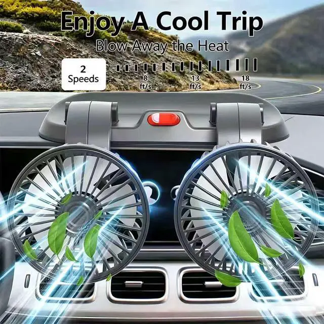 Alt view image 5 of 7 - Dual Head Car Fan 5V USB Powered - 360° Rotatable Dashboard Cooling Air Circulator with 3 Speeds - Strong Wind Electric Fan for Car SUV RV Truck - Quiet Vehicle Fan for Front/Rear (USB-5V-Dual)