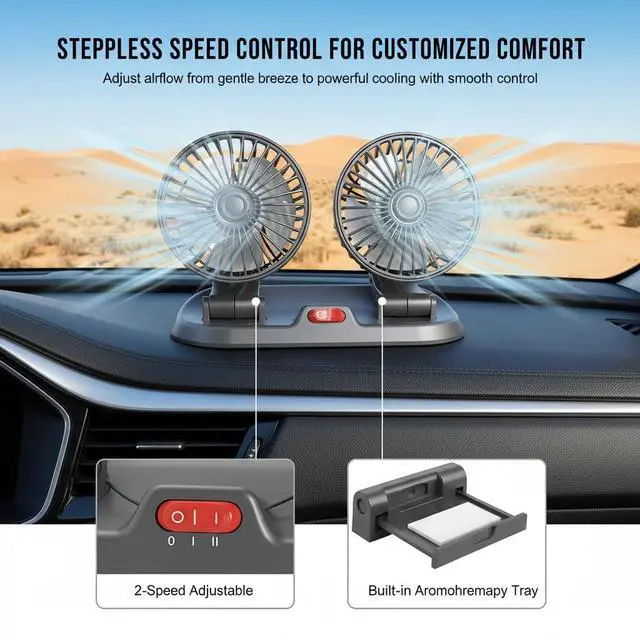 Alt view image 7 of 7 - Dual Head Car Fan 5V USB Powered - 360° Rotatable Dashboard Cooling Air Circulator with 3 Speeds - Strong Wind Electric Fan for Car SUV RV Truck - Quiet Vehicle Fan for Front/Rear (USB-5V-Dual)