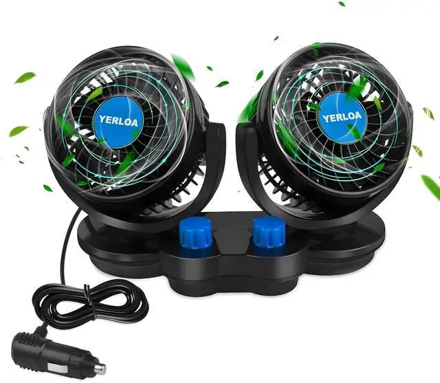 Main image of Car Fan 12V, Dashboard Portable Fans That Blow Cold Air, Dual Head 2 Speed 360° Rotatable Electric Cooling Fan for Car, Vehicle, Truck, SUV, RV, Van, Boat, Golf Cart with Cigarette Lighter Plug