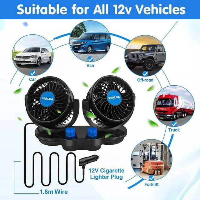 Alt view image 4 of 7 - Car Fan 12V, Dashboard Portable Fans That Blow Cold Air, Dual Head 2 Speed 360° Rotatable Electric Cooling Fan for Car, Vehicle, Truck, SUV, RV, Van, Boat, Golf Cart with Cigarette Lighter Plug
