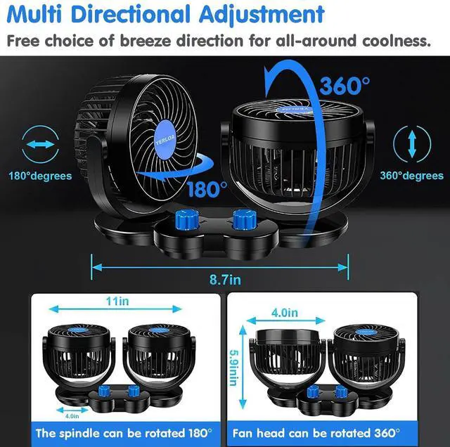 Alt view image 6 of 7 - Car Fan 12V, Dashboard Portable Fans That Blow Cold Air, Dual Head 2 Speed 360° Rotatable Electric Cooling Fan for Car, Vehicle, Truck, SUV, RV, Van, Boat, Golf Cart with Cigarette Lighter Plug