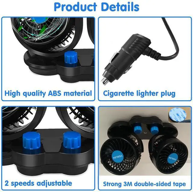 Alt view image 5 of 7 - Car Fan 12V, Dashboard Portable Fans That Blow Cold Air, Dual Head 2 Speed 360° Rotatable Electric Cooling Fan for Car, Vehicle, Truck, SUV, RV, Van, Boat, Golf Cart with Cigarette Lighter Plug