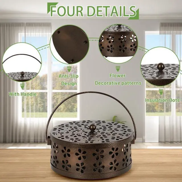 Alt view image 6 of 7 - Portable Iron Mosquito Coil Holder with Handle Round Heat-Resistant Incense Holder (Bronze)