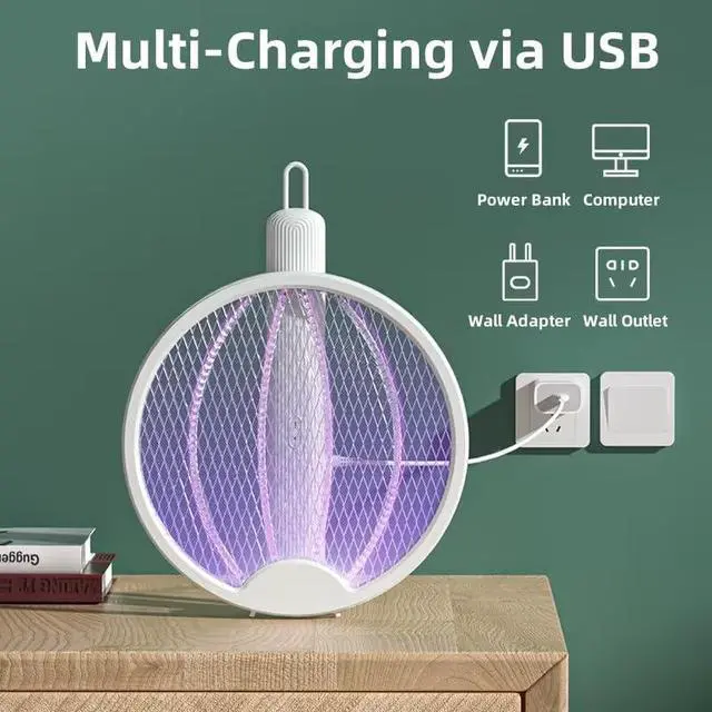Alt view image 2 of 7 - Electric Fly Swatter, Portable and Foldable Mosquito Zapper Racket, Rechargeable Bug Zapper with Battery and USB Charging Cable for Indoor and Outdoor Use, 2800V High-Voltage Grid, Safety Protection
