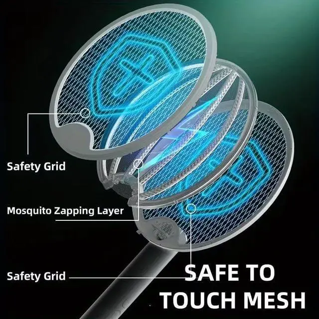 Alt view image 5 of 7 - Electric Fly Swatter, Portable and Foldable Mosquito Zapper Racket, Rechargeable Bug Zapper with Battery and USB Charging Cable for Indoor and Outdoor Use, 2800V High-Voltage Grid, Safety Protection
