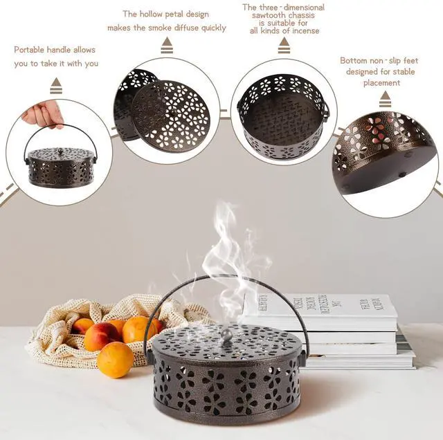 Alt view image 4 of 6 - Portable Iron Mosquito Coil Holder with Handle Round Heat-Resistant Incense Holder for Home Office Camping (Bronze)