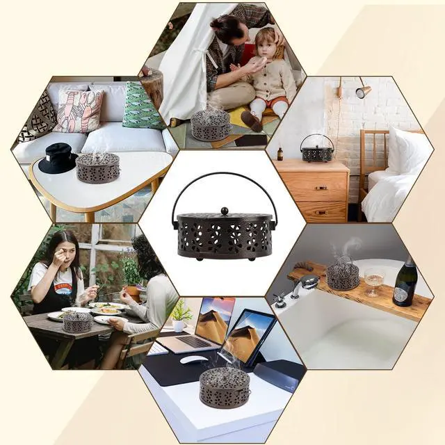 Alt view image 5 of 6 - Portable Iron Mosquito Coil Holder with Handle Round Heat-Resistant Incense Holder for Home Office Camping (Bronze)