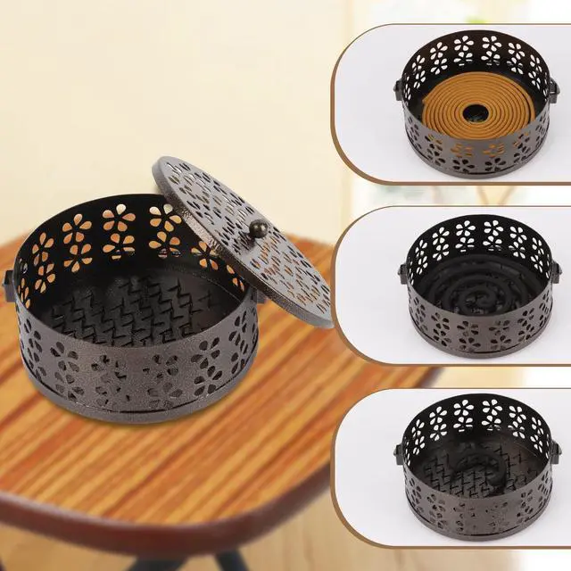 Alt view image 6 of 6 - Portable Iron Mosquito Coil Holder with Handle Round Heat-Resistant Incense Holder for Home Office Camping (Bronze)