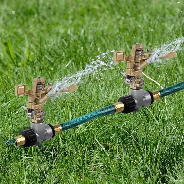 Alt view image 4 of 7 - 2 Pack Impact Sprinklers with Stand (Spike), Heavy Duty Zinc Alloy Lawn Sprinkler Head on Spike Base, Adjustable Watering Sprinkler for Large Area Grass Yards Patio Garden Irrigation