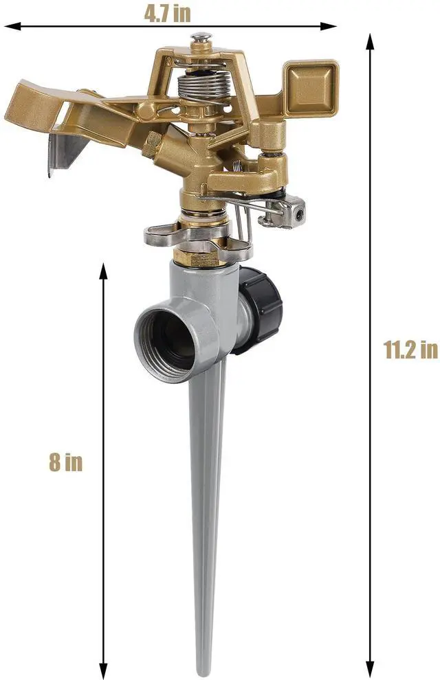 Alt view image 3 of 7 - 2 Pack Impact Sprinklers with Stand (Spike), Heavy Duty Zinc Alloy Lawn Sprinkler Head on Spike Base, Adjustable Watering Sprinkler for Large Area Grass Yards Patio Garden Irrigation