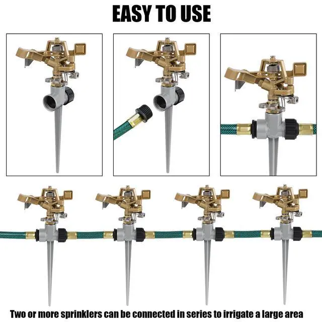 Alt view image 6 of 7 - 2 Pack Impact Sprinklers with Stand (Spike), Heavy Duty Zinc Alloy Lawn Sprinkler Head on Spike Base, Adjustable Watering Sprinkler for Large Area Grass Yards Patio Garden Irrigation