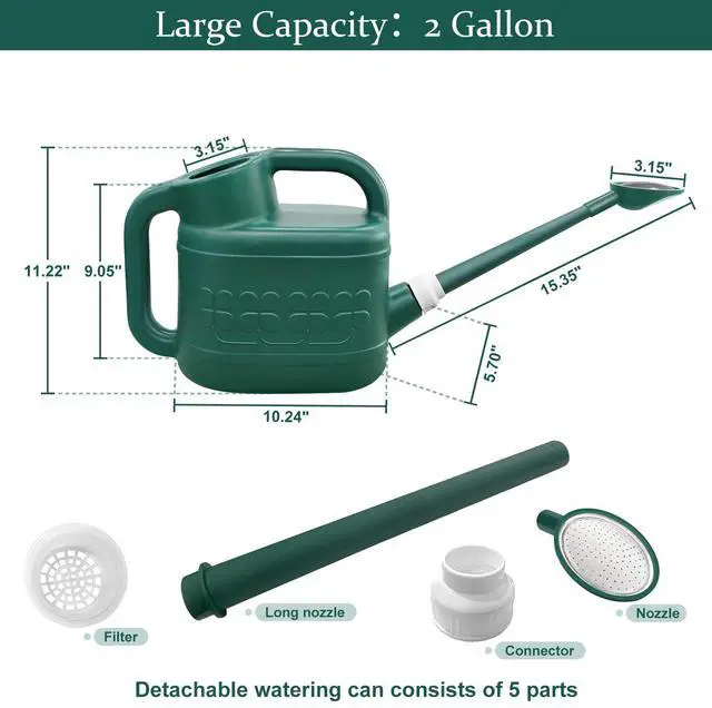 Alt view image 3 of 7 - 2 Gallon Watering Can, Garden Watering Can Outdoor, Plant Water Can with Removable Long Spout and Stainless Steel Sprinkler Head, Large Plastic Outdoor Watering Cans for Gardening Flower Plants