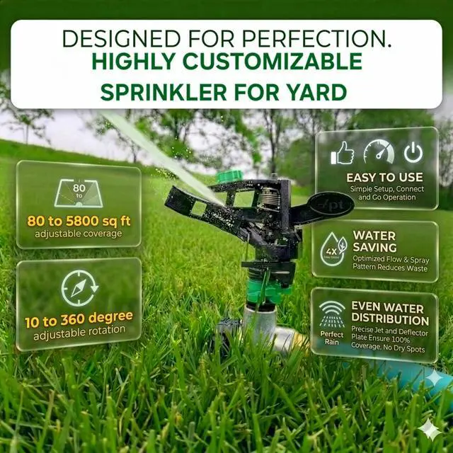 Alt view image 4 of 7 - Pulsating Impact Sprinklers for Yard, Lawn & Garden, 80 to 5800 sq ft Adjustable Spray (Pack of 2)