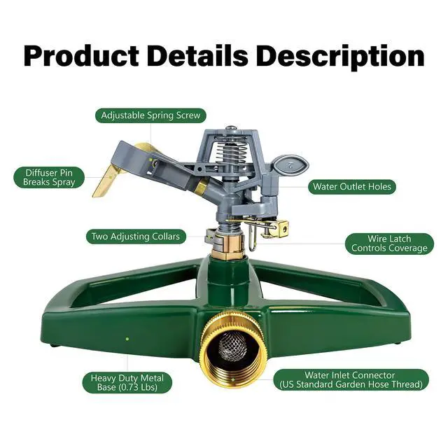 Alt view image 2 of 7 - Heavy Duty Pulsating Impact Lawn Sprinkler 360° Adjustable Rotating Automatic Water Sprinkler for Yard with Metal Base, Large Area Irrigation Sprinkle for Garden, Covers Up to 4,500 Sq. Ft