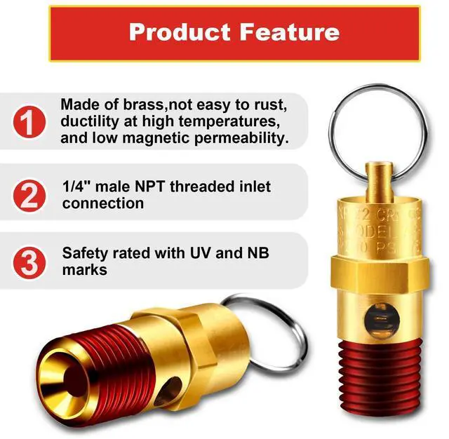 Alt view image 5 of 6 - 2 Pieces 1/4'' Male 150 PSI NPT Air Compressor Pressure Relief Valve Brass Safety Valve Air Compressor Check Valve