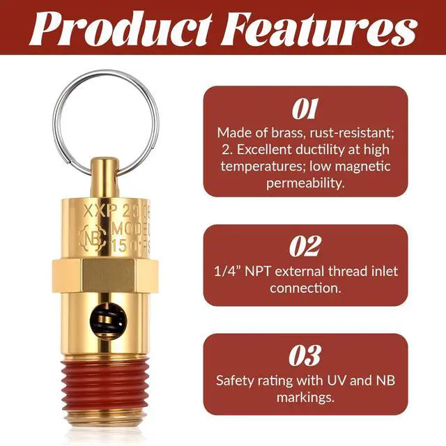 Alt view image 3 of 7 - Brass Safety Valve Air Compressor Pressure Relief Valve 1/4" NPT 150 PSI 58 SCFM Air Compressor Relief Pressure Safety Valves NPT Threaded Part for Air and Water Discharge
