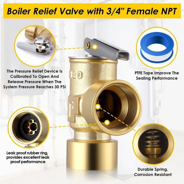 Alt view image 5 of 7 - 3/4" FNPT Female Inlet & Outlet, 30 PSI Pressure Relief Valve for Hot Water Boilers & Hydronic Heating Systems, Brass, Opens Automatically To Release Excessive Pressure
