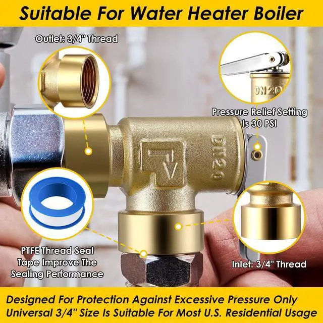 Alt view image 3 of 7 - 3/4" FNPT Female Inlet & Outlet, 30 PSI Pressure Relief Valve for Hot Water Boilers & Hydronic Heating Systems, Brass, Opens Automatically To Release Excessive Pressure