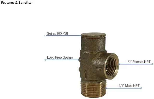 Alt view image 4 of 7 - MFG PRVNL75100 3/4" Lead-Free Brass Pressure Relief Valve, 100 PSI Cold Water Safety Valve for Well Tank, Pump & Plumbing Systems, 3/4" NPT No-Lead Water System Protection Valve