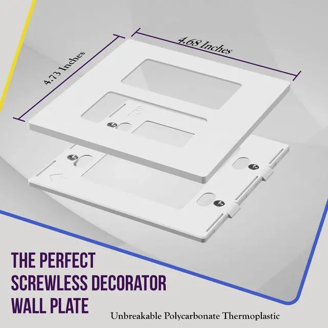 Alt view image 2 of 7 - Screwless Decorator Wall Plates Child Safe Outlet Covers, Size 2-Gang 4.68" H x 4.73 L, Unbreakable Polycarbonate Thermoplastic, SI8832-W-5PCS, Glossy, White (5 Pack)