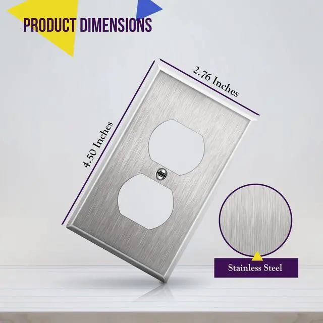 Alt view image 2 of 7 - Duplex Receptacle Metal Wall Plate, Stainless Steel Switch Outlet Cover, Size 1-Gang 4.50" x 2.76", 7721-10PCS, 430, UL Listed, Silver (10 Pack), 10 Count