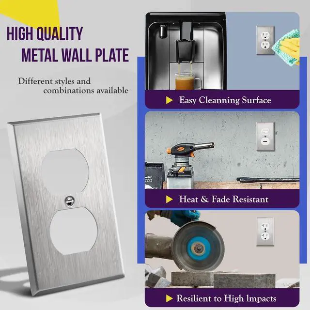 Alt view image 4 of 7 - Duplex Receptacle Metal Wall Plate, Stainless Steel Switch Outlet Cover, Size 1-Gang 4.50" x 2.76", 7721-10PCS, 430, UL Listed, Silver (10 Pack), 10 Count