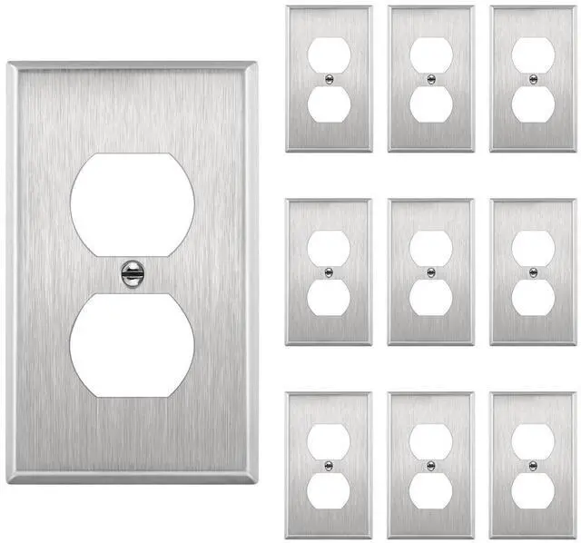 Main image of Duplex Receptacle Metal Wall Plate, Stainless Steel Switch Outlet Cover, Size 1-Gang 4.50" x 2.76", 7721-10PCS, 430, UL Listed, Silver (10 Pack), 10 Count