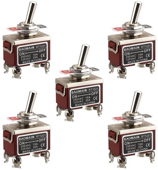 Main image of 5-Pack Toggle Switch RT1221, ON-Off DPST 4-Pin 15A/250V AC 20A/125V AC,12mm mounting Hole,Screw Terminal,for Household Appliances,Electronic Industrial Equipment