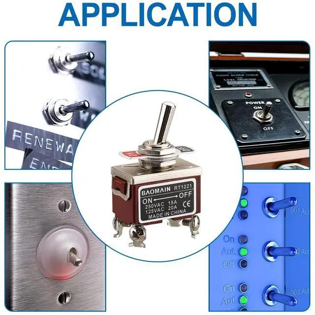Alt view image 5 of 5 - 5-Pack Toggle Switch RT1221, ON-Off DPST 4-Pin 15A/250V AC 20A/125V AC,12mm mounting Hole,Screw Terminal,for Household Appliances,Electronic Industrial Equipment