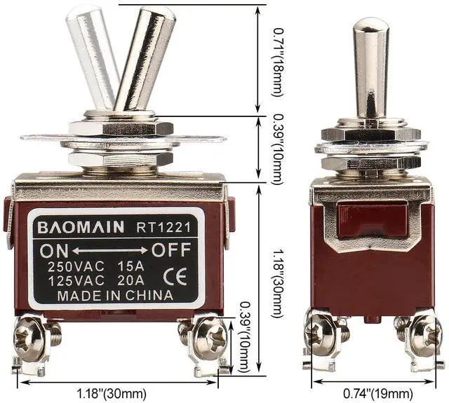 Alt view image 4 of 5 - 5-Pack Toggle Switch RT1221, ON-Off DPST 4-Pin 15A/250V AC 20A/125V AC,12mm mounting Hole,Screw Terminal,for Household Appliances,Electronic Industrial Equipment