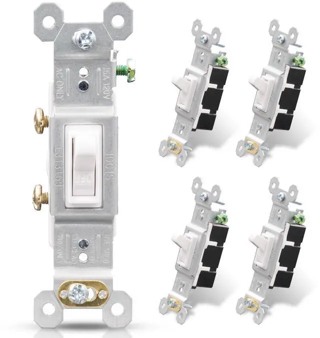 Main image of Single Pole Toggle Light Switch, 15 Amp, 120 Volt, Toggle Framed AC Quiet Switch, in Wall On/Off Switch Replacement, Self-Grounding, Residential and Commercial Grade, UL (5 Pack, Glossy White)
