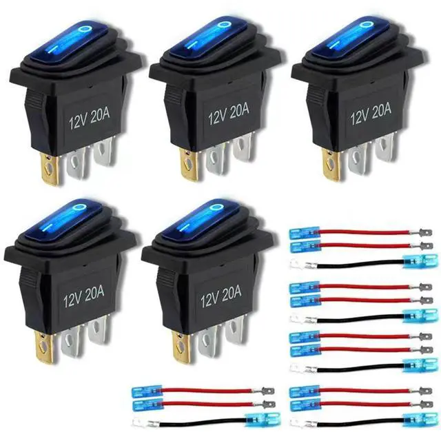 Main image of 12v Rocker Switch Waterproof 5 PCS - 12 Volt Toggle Switch with 3 20cm Detachable Wires, SPST 3 Pin On Off Switches Snap-in Design Square Switch with Blue LED Light for Car Boat Marine RV Truck KCD3