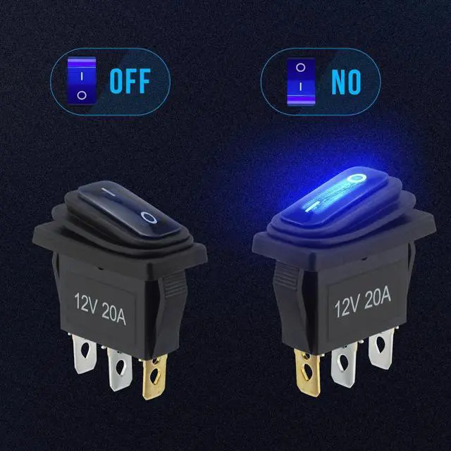 Alt view image 2 of 7 - 12v Rocker Switch Waterproof 5 PCS - 12 Volt Toggle Switch with 3 20cm Detachable Wires, SPST 3 Pin On Off Switches Snap-in Design Square Switch with Blue LED Light for Car Boat Marine RV Truck KCD3